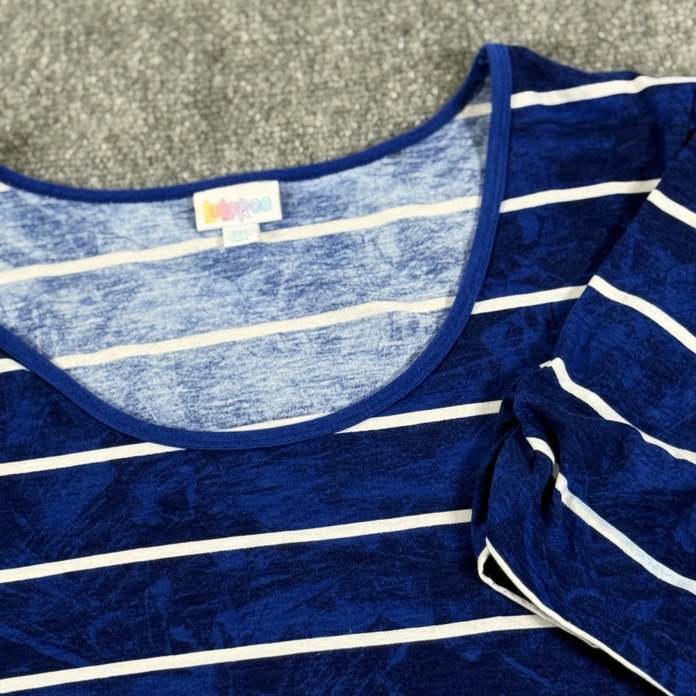Tunic Shirt Women 2XL Blue White Striped Stretch Casual Round Neck Ruched Sleeve